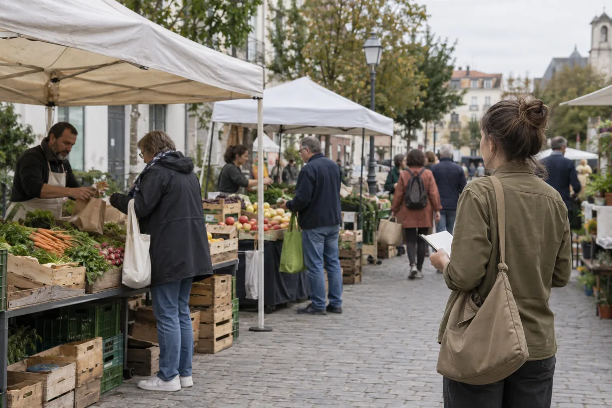 Researcher with a field notebook observing shoppers and vendors at an outdoor produce market.