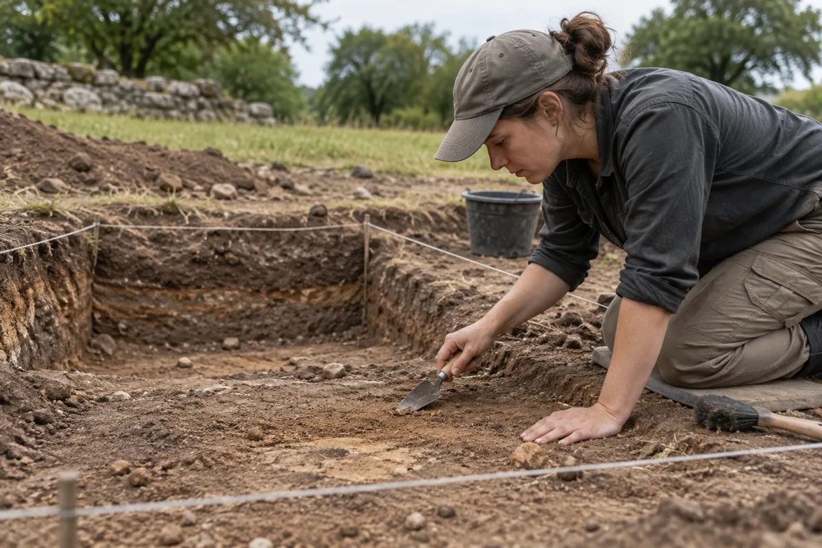 Archaeologist using a hand trowel beside a gridded soil excavation trench.