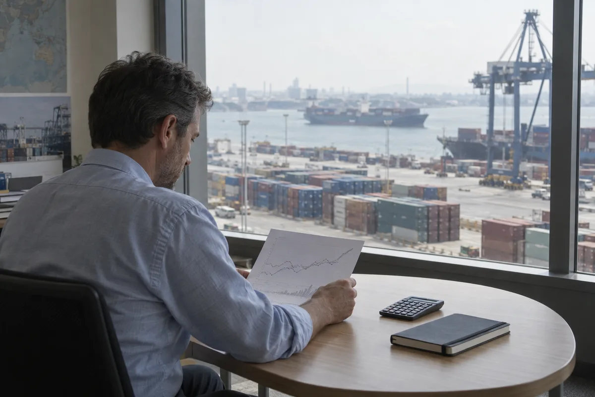 Economist reading a line chart in an office overlooking a container port.