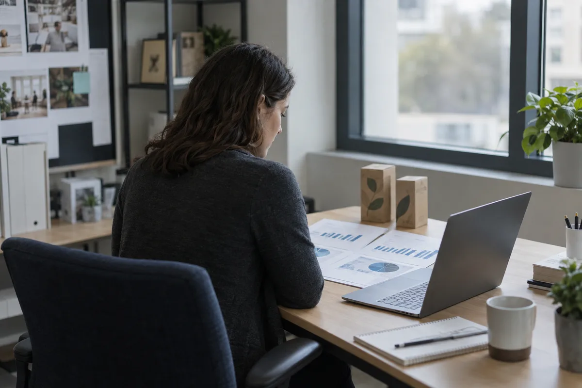 Market research analyst reviewing printed charts beside a laptop and product packages.