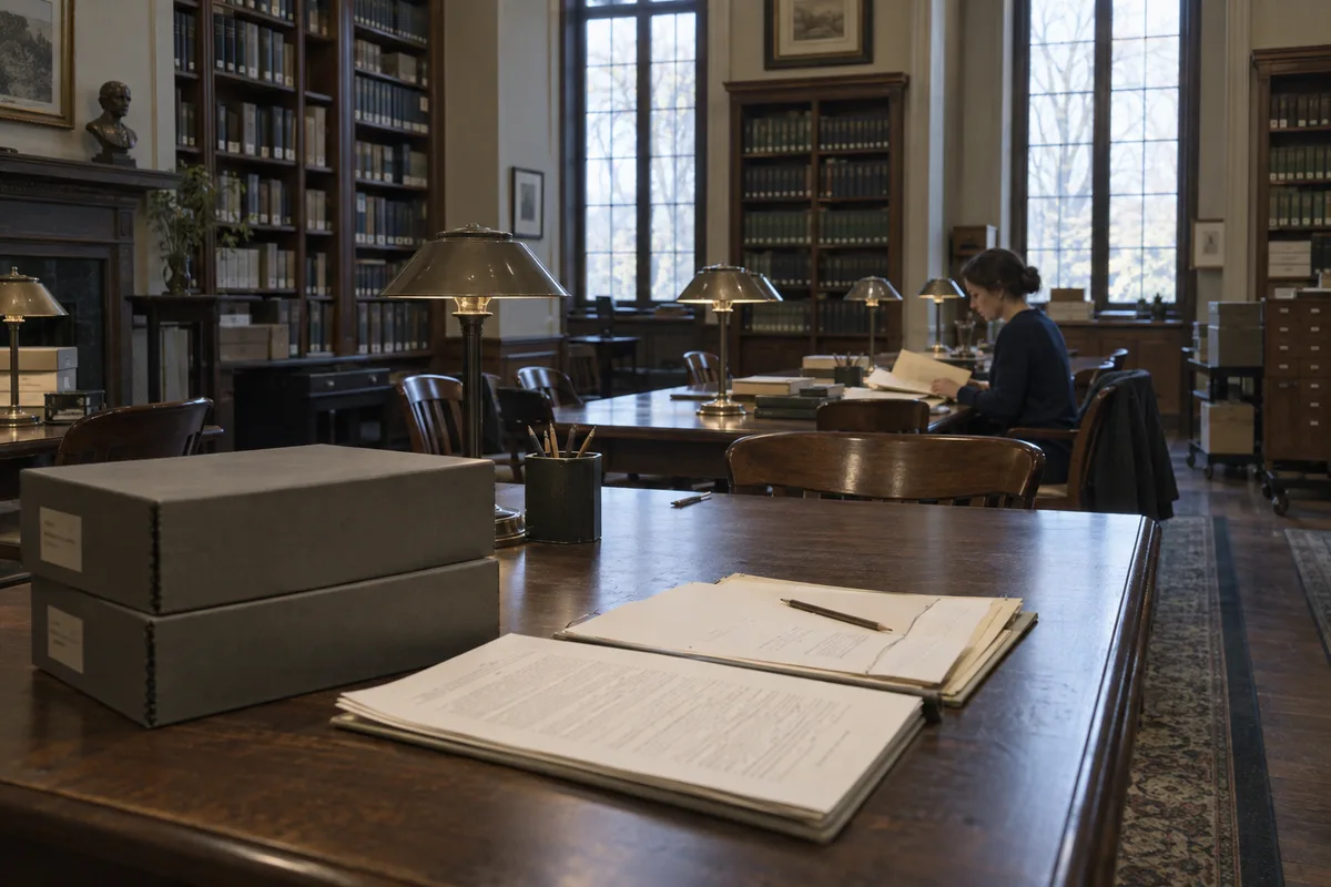 Political scientist reading archival documents at a long table in a research library.