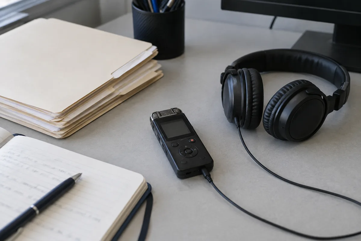 Audio recorder and headphones beside research folders and an open notebook on a desk.