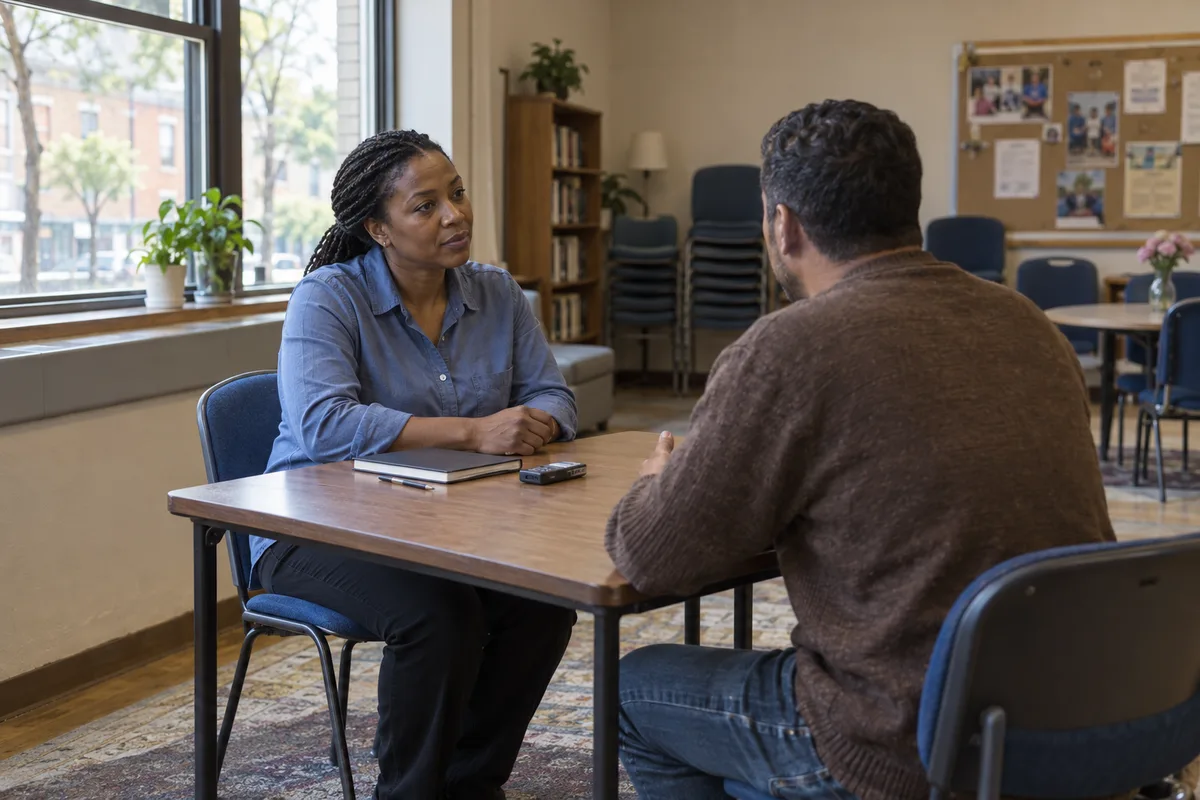 Sociologist interviewing a participant at a table with a notebook and audio recorder.