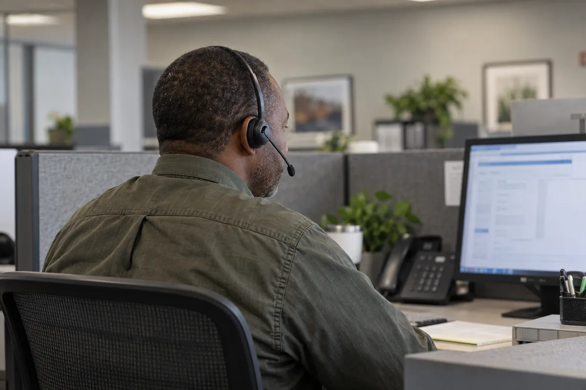 A researcher wearing a telephone headset at a computer workstation.