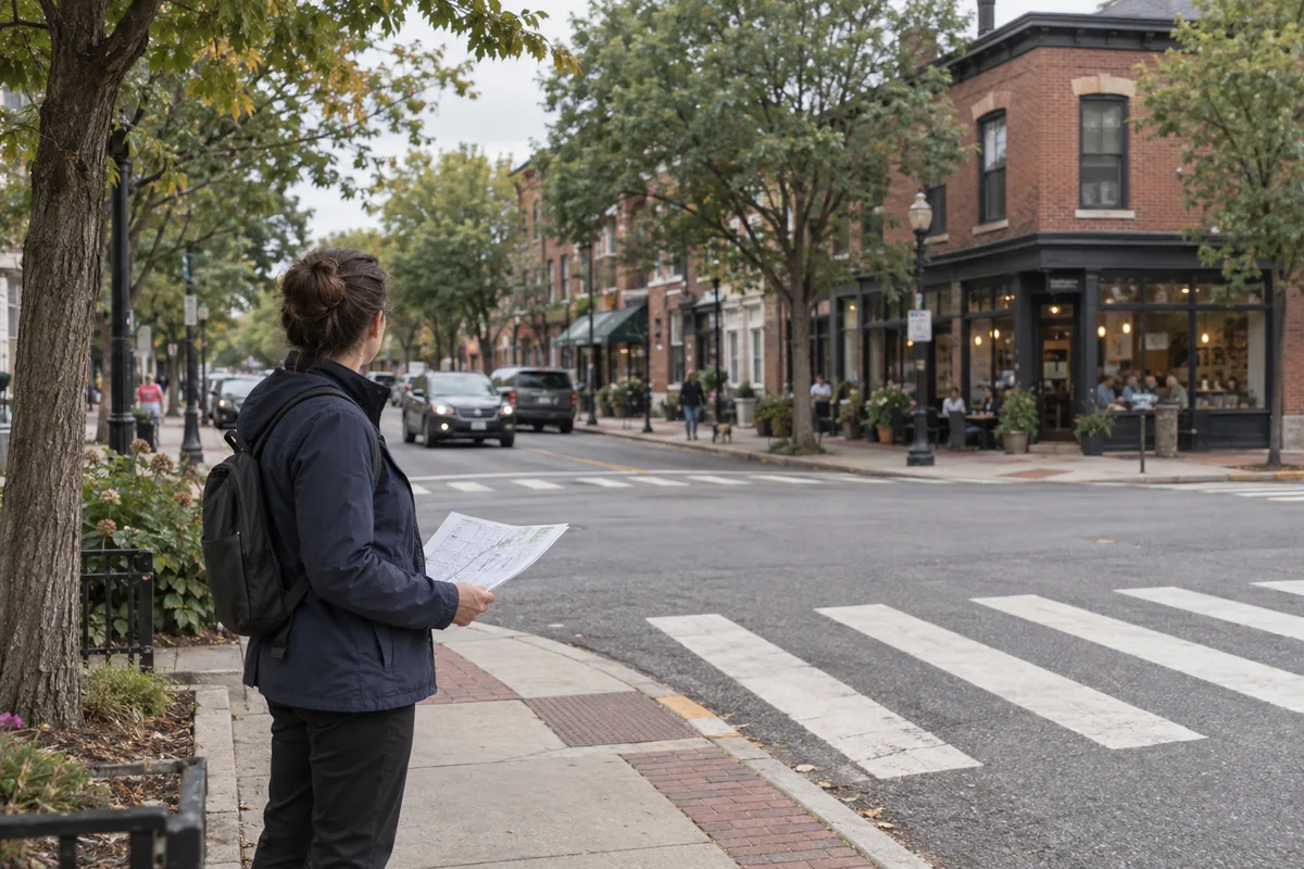 Urban planner holding a site plan on a sidewalk at a tree-lined town intersection.