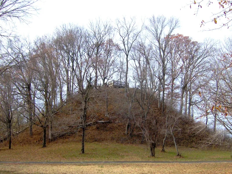 Saul's Mound, a large ancient earthen mound with an observation deck at Pinson Mounds archaeological site in Tennessee