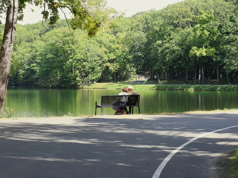 Couple on a park bench beside a tree-lined lake in West Hartford, Connecticut
