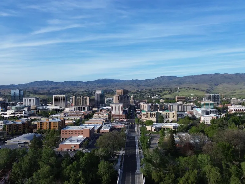 Boise, Idaho downtown with the foothills rising behind it in spring