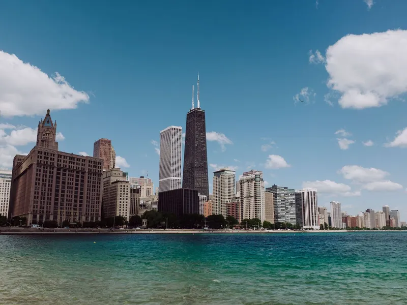 Chicago skyscrapers along the Lake Michigan shoreline on a clear day