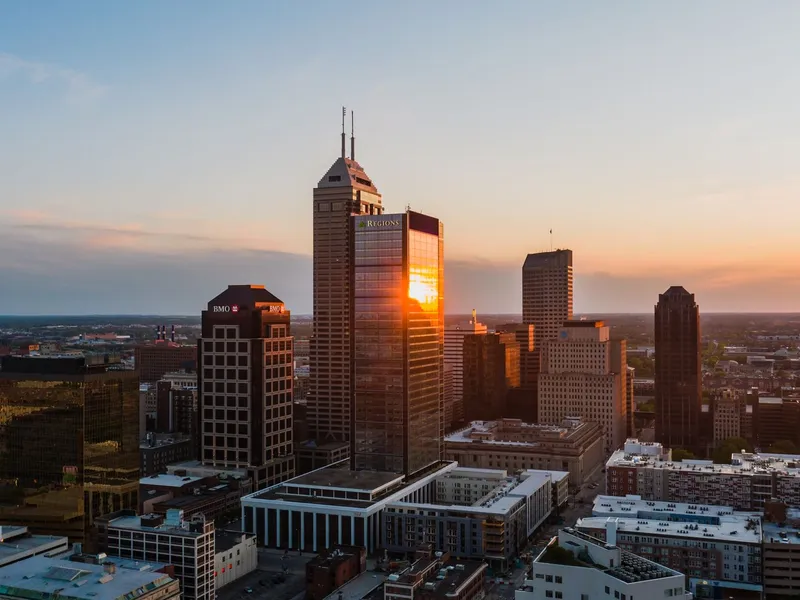 Indianapolis high-rise towers catching the setting sun