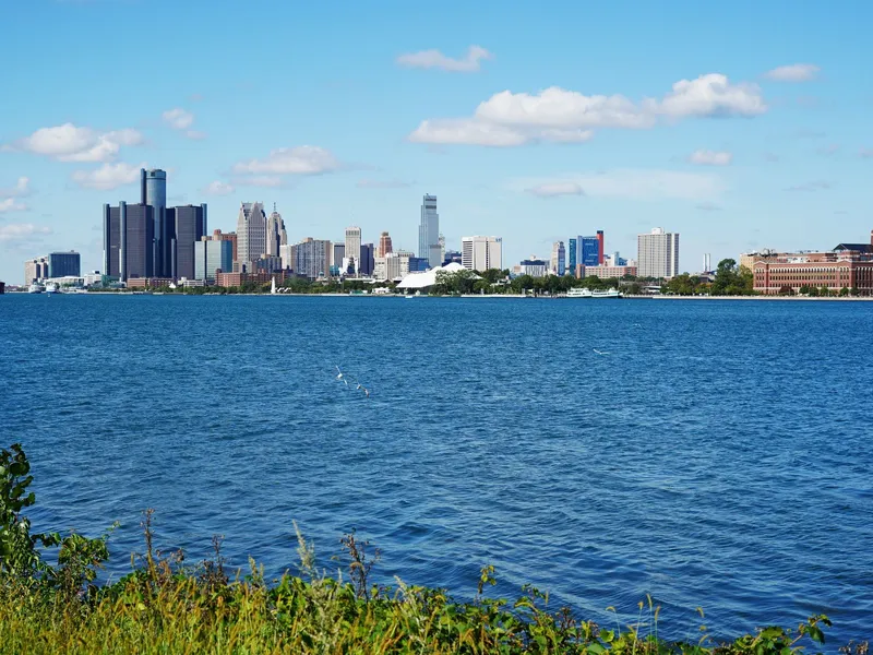 Detroit skyline across the Detroit River on a clear summer day