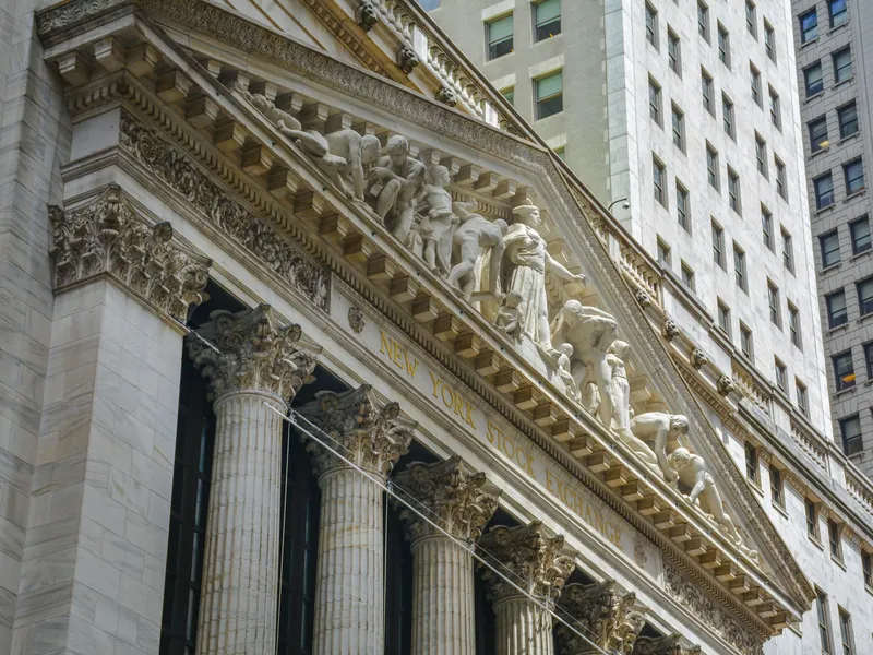Columned facade of the New York Stock Exchange building on Wall Street