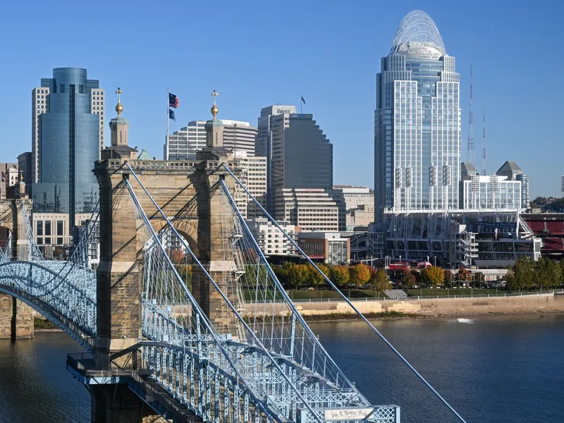 Cincinnati skyline behind the Roebling Suspension Bridge on the Ohio River