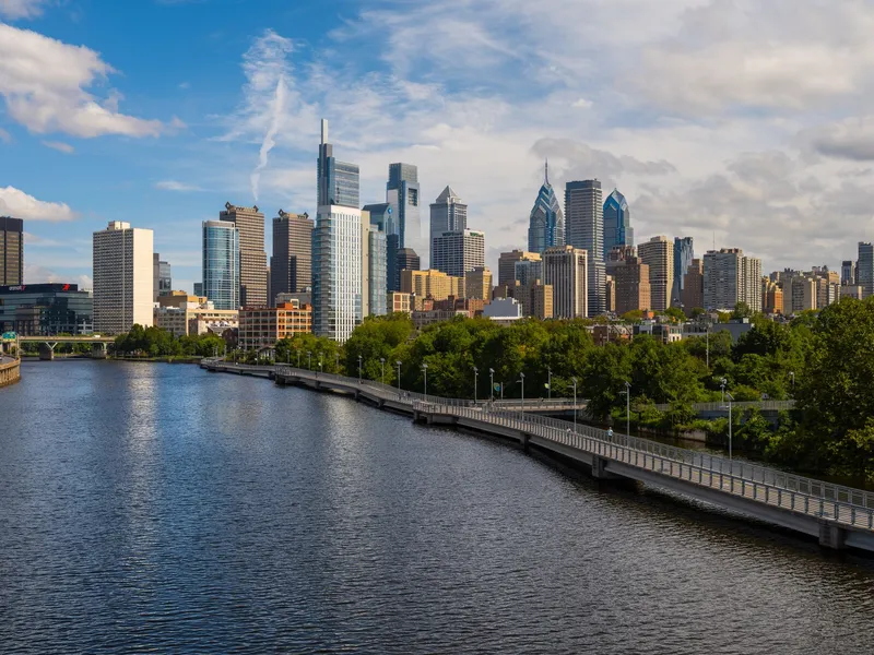 Philadelphia skyline over the Schuylkill River on a sunny day