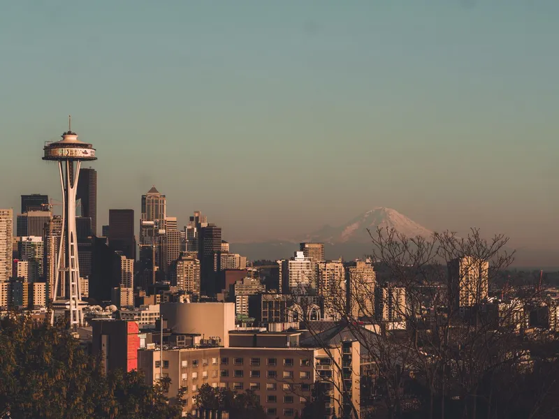 Seattle skyline with the Space Needle and Mount Rainier in the distance