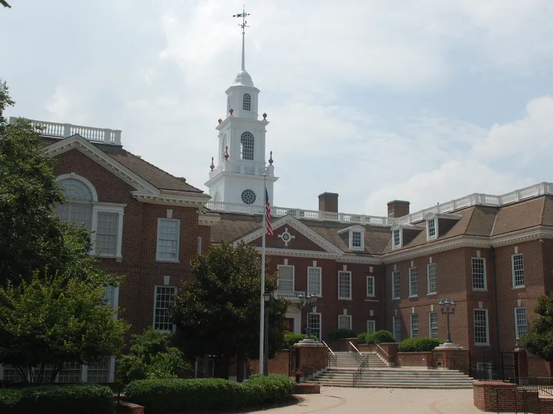 Delaware Legislative Hall in Dover, a brick government building with a white cupola