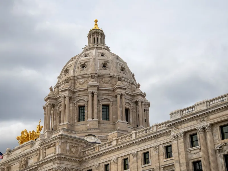 Classic stone dome of the Minnesota State Capitol in Saint Paul against a cloudy sky