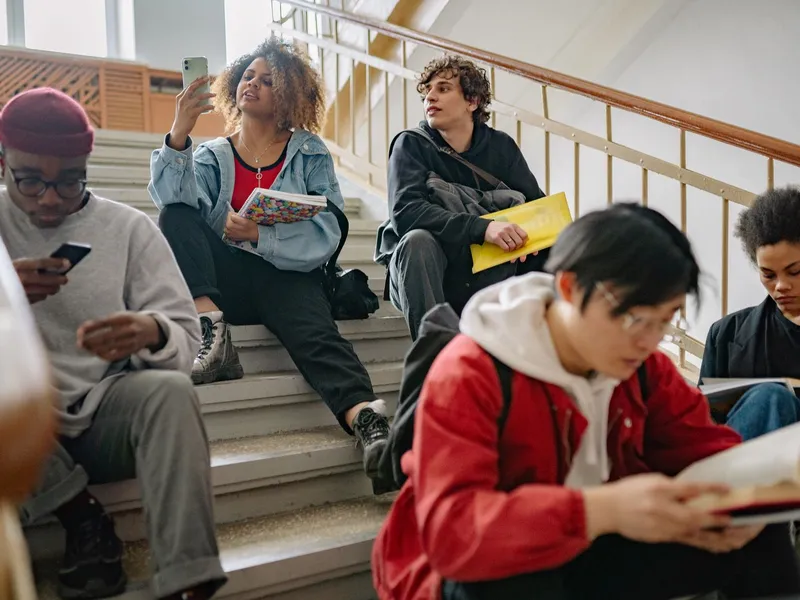 College students sitting on stairs reading, studying and checking phones between classes