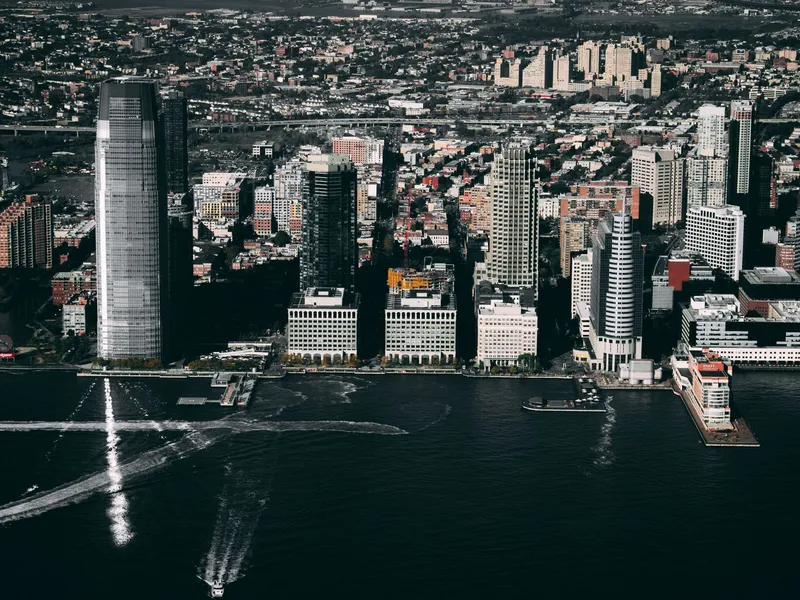 Aerial view of the Jersey City skyline and Hudson River waterfront