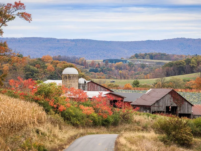 Autumn farm with red barns and silo among fields and colorful foliage with hills beyond
