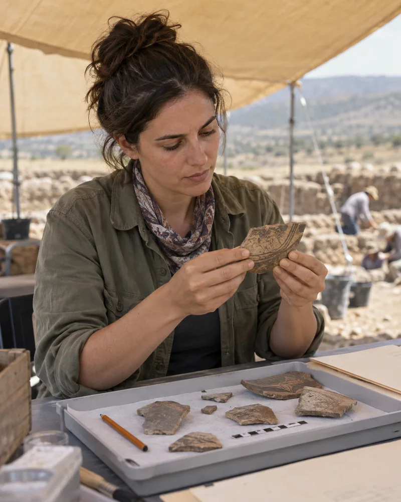 Illustrative study of pottery fragments by an anthropology researcher.