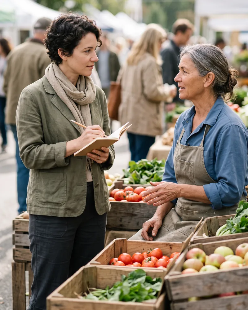 Illustrative scene of an economics researcher interviewing a farmers market vendor about prices.