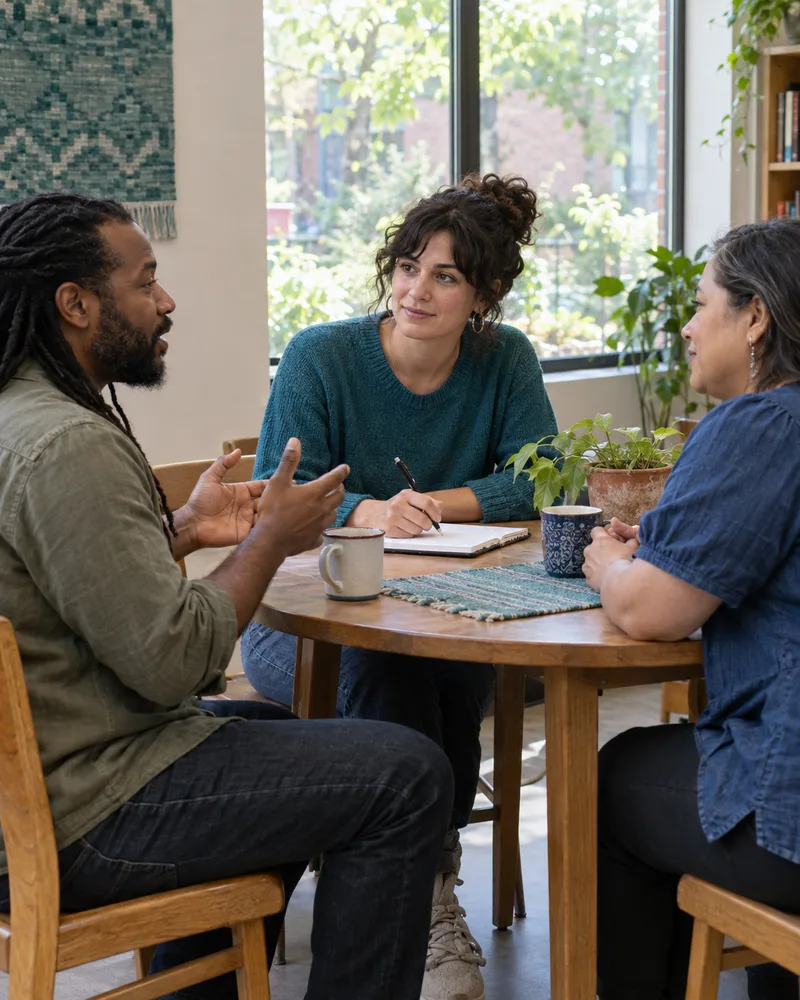 Illustrative community interview with a researcher taking notes at a shared table.