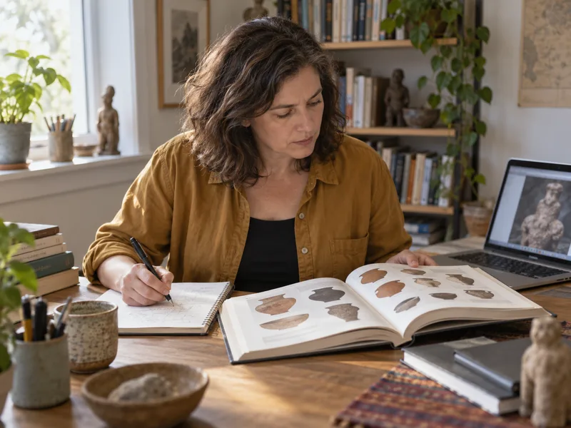 Illustrative scene of an adult studying anthropology with pottery illustrations and a laptop.