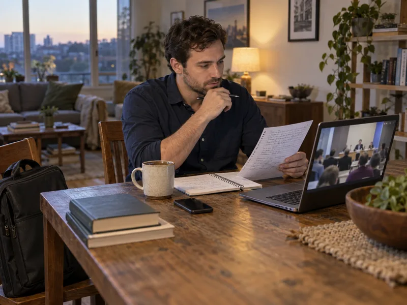 Illustrative scene of a working adult comparing political notes with a public-meeting video.
