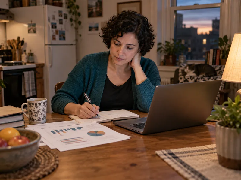 Illustrative scene of a working adult studying community survey data at home.